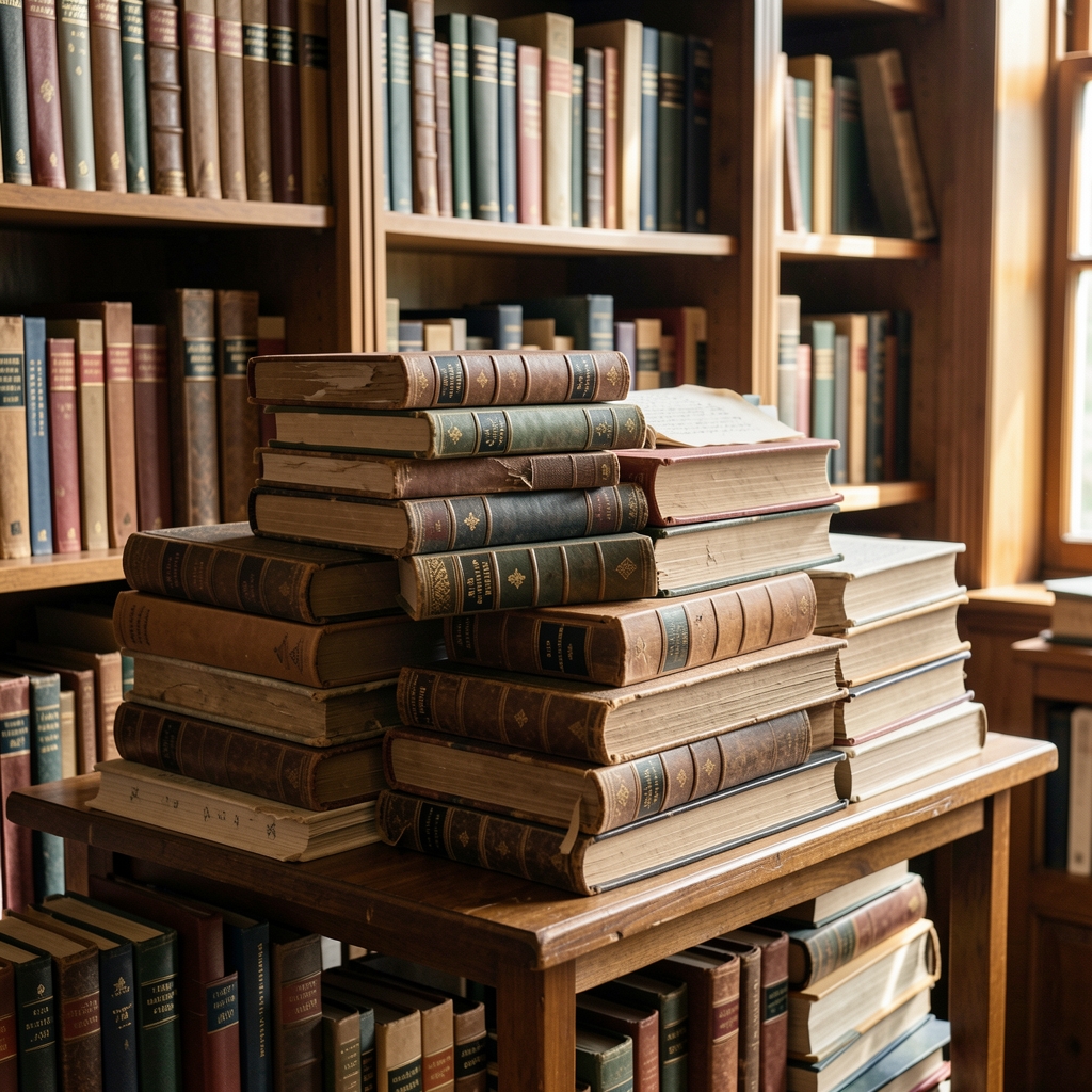 Archivo de libros antiguos y manuscritos sobre astrología clásica apilados en una biblioteca