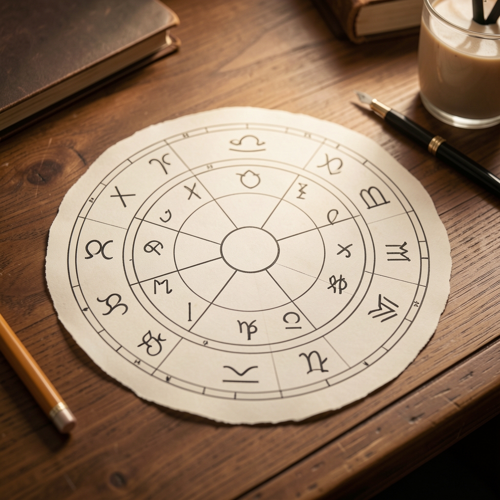 Carta astral circular dibujada a mano sobre un escritorio de madera con símbolos zodiacales