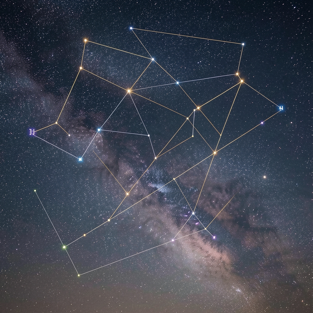 Cielo nocturno mostrando constelaciones zodiacales conectadas por líneas imaginarias