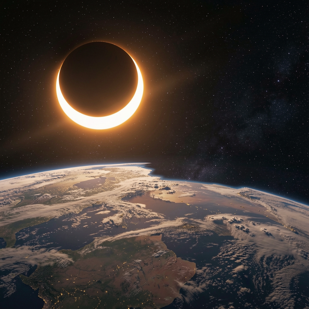 Eclipse solar parcial visto desde la Tierra con el sol cubierto parcialmente por la luna
