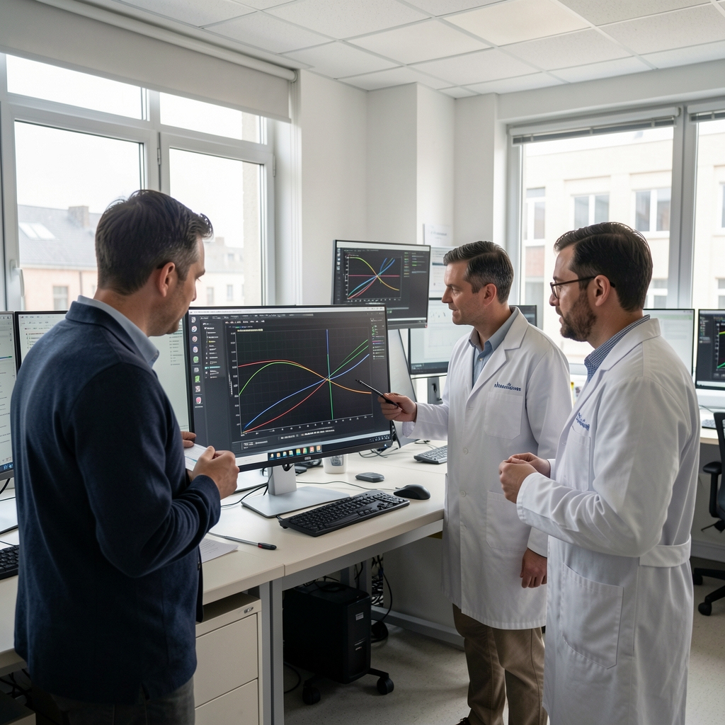 Equipo de investigadores revisando gráficos de tránsitos planetarios en una sala de estudio iluminada