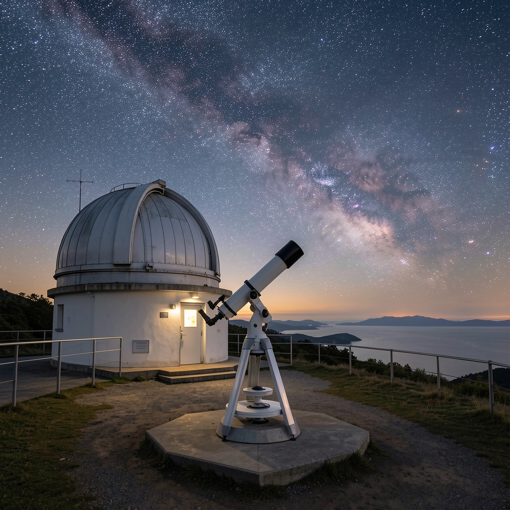 Vista nocturna de un observatorio astronómico con telescopio apuntando a un cielo estrellado despejado