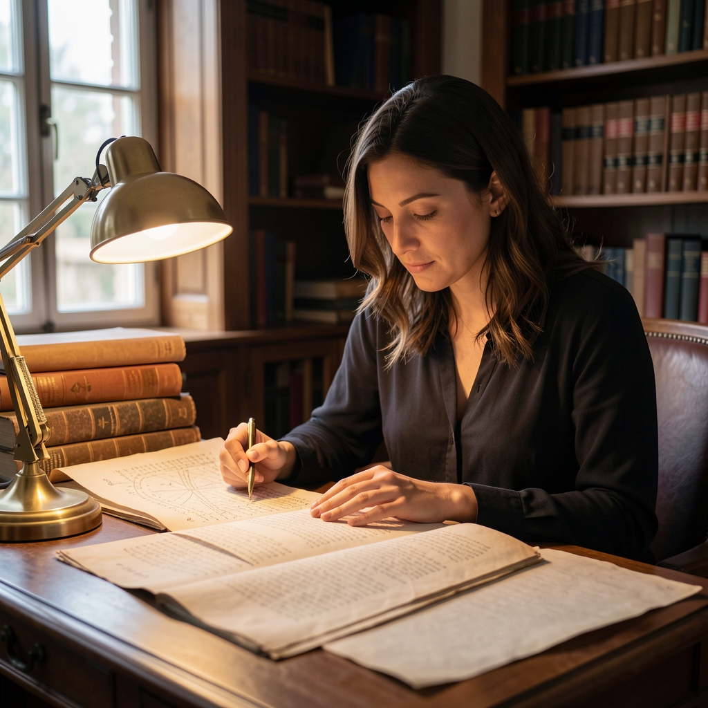 Investigadora leyendo documentos históricos de astrología antigua en un escritorio con lámpara