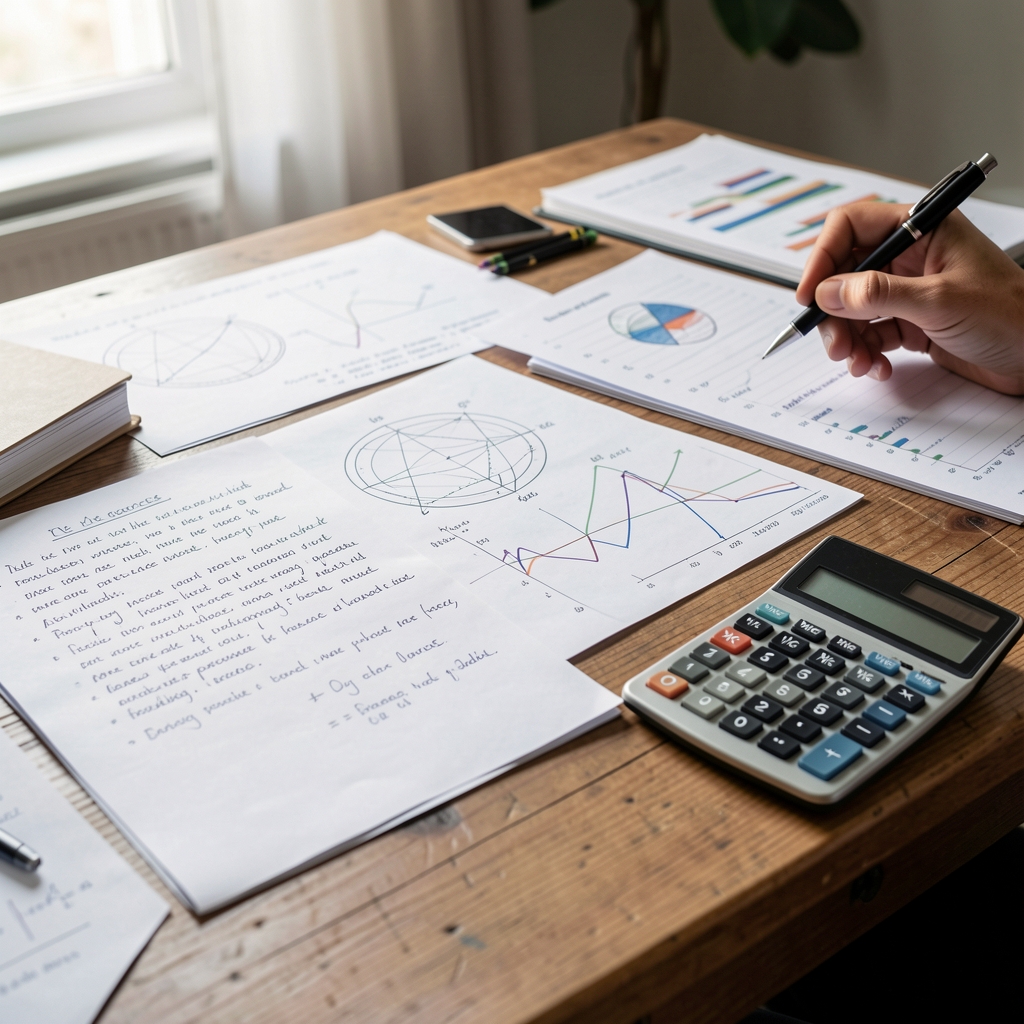 Mesa de trabajo con notas manuscritas, gráficos y calculadora para análisis de datos astrológicos
