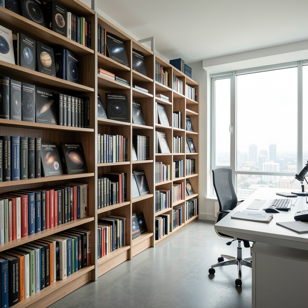 Oficina moderna de investigación con estanterías de libros de astronomía en Buenos Aires