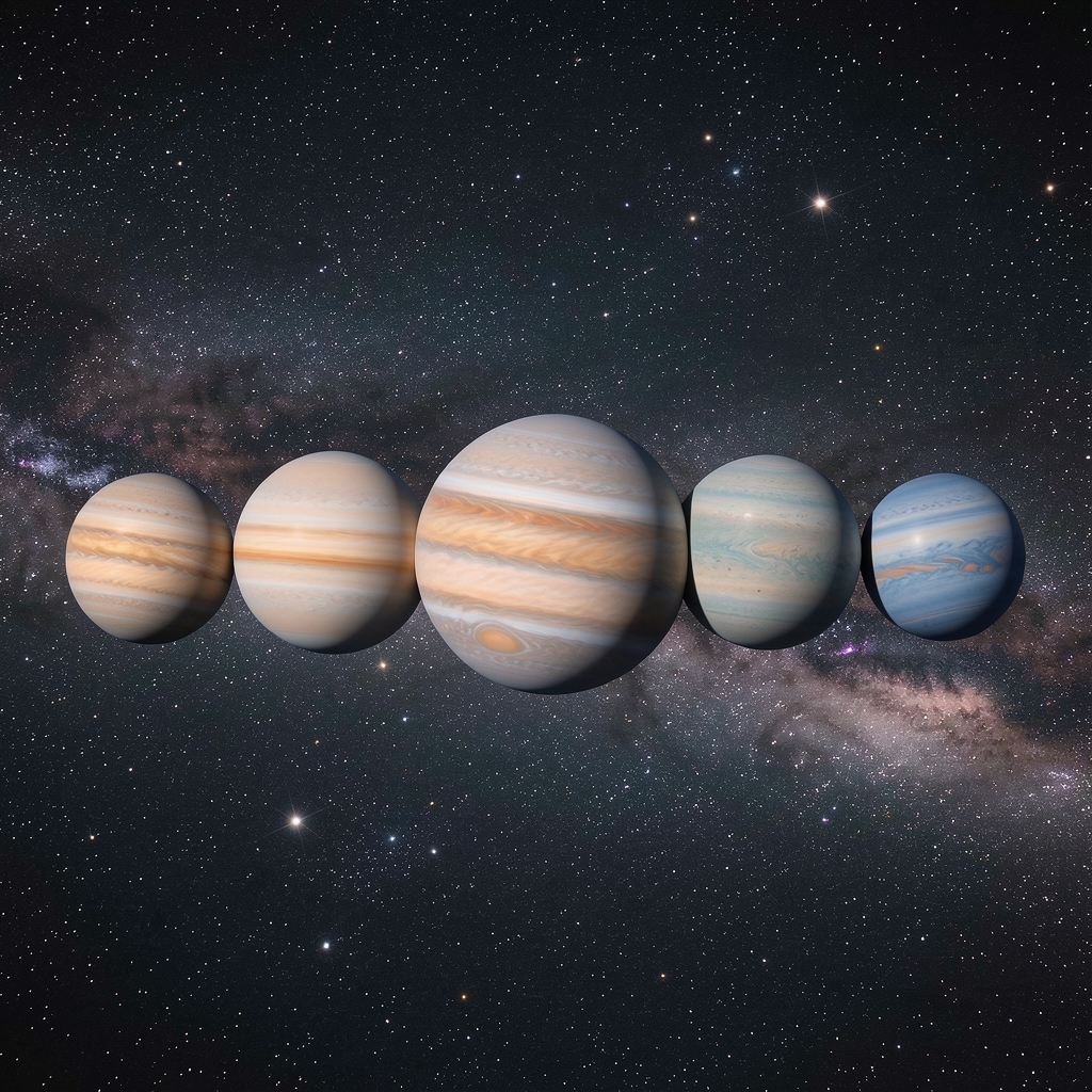 Representación fotográfica de varios planetas del sistema solar alineados en el espacio