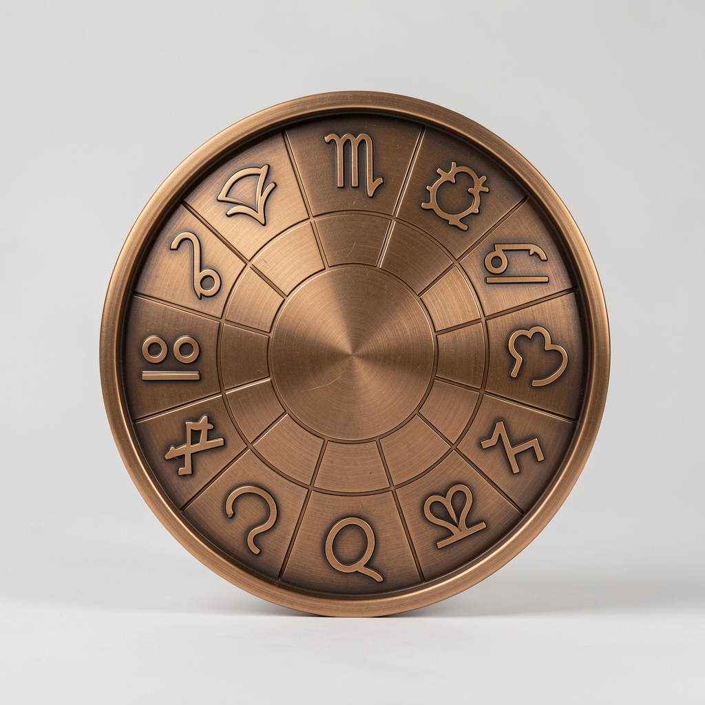 Rueda zodiacal de bronce con los doce símbolos astrológicos grabados