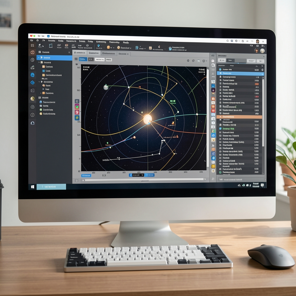 Pantalla de computadora mostrando un software de posiciones planetarias y efemérides astronómicas